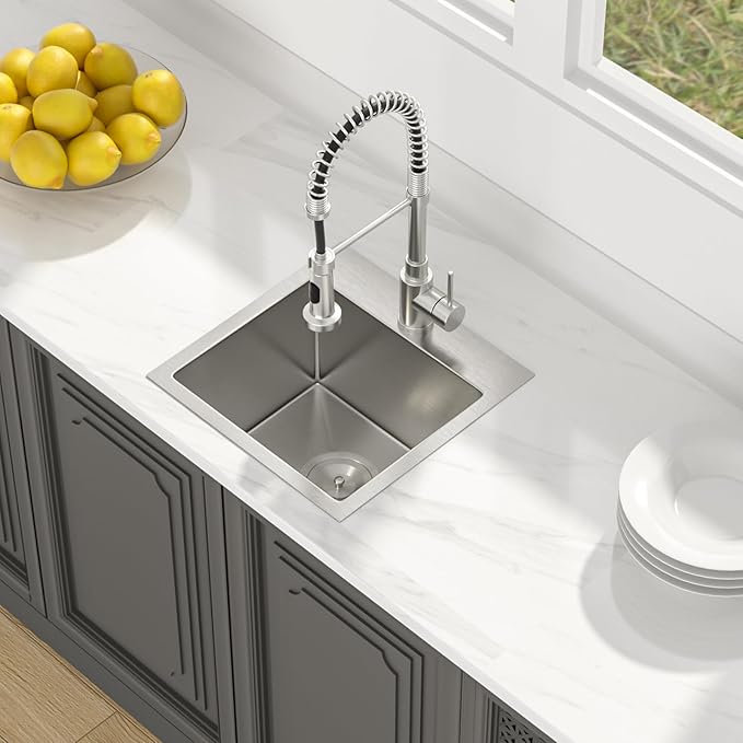 Lordear Stainless Steel Bar Sink 15x15 Inch Drop In Kitchen Sink 16 Gauge Stainless Steel Single Bowl Topmount Small Prep RV Sinks Square Basin
