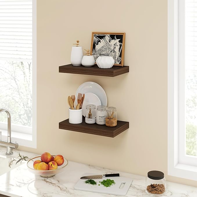 Acovy 16 Inch Floating Shelves, 9.3" Deep Floating Shelf Wall Mounted, 16" Wall Shelves, Rustic Deep Bookshelf, Large Display Shelves & Storage Shelves for Bedroom, Living Room, Walnut, Set of 2