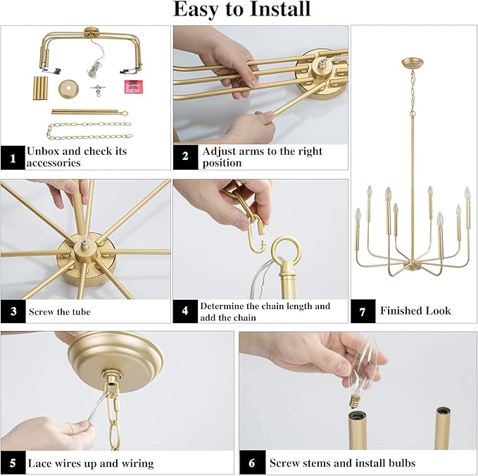 KSANA Gold Chandelier, Modern Light Fixture for Bedroom, Foyer, Dining & Living Room, Kitchen, and Entryway, (Upgraded Version, 2 Types of Height 8 Arms)