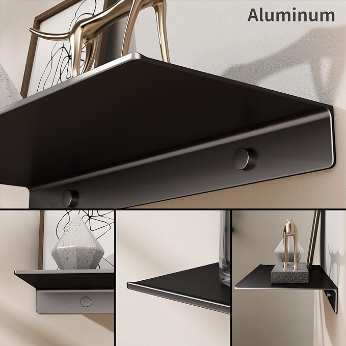 Danpoo Small Floating Shelf for Wall Storage, Mini Display Shelf for Collectibles, Metal Wall Shelf for Bathroom/Living Room/Kitchen/Bedroom(Black, 8")
