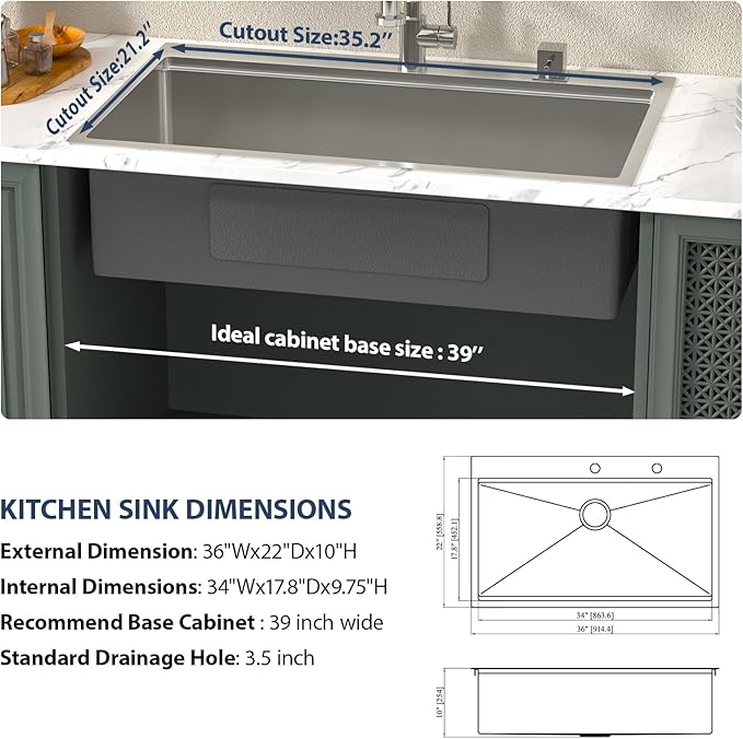 Lordear 36 Drop In Kitchen Sinks Worktation 16 Gauge 36x22 Inch Stainless Steel Single Bowl Ledge Worktation Topmount Overcounter Handmade Kitchen Sink Basin With Cutting Board