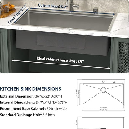 Lordear 36 Drop In Kitchen Sinks Worktation 16 Gauge 36x22 Inch Stainless Steel Single Bowl Ledge Worktation Topmount Overcounter Handmade Kitchen Sink Basin With Cutting Board