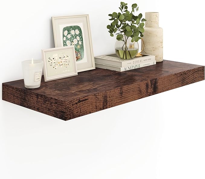 Heimlove 12" Deep Rustic Brown Floating Shelves,Over Toilet Long Wall Mounted Modern Farmhouse 36 inches,Wall Shelves with Invisible Brackets for Bedroom, Bathroom, Living Room, Kitchen, Set of 1