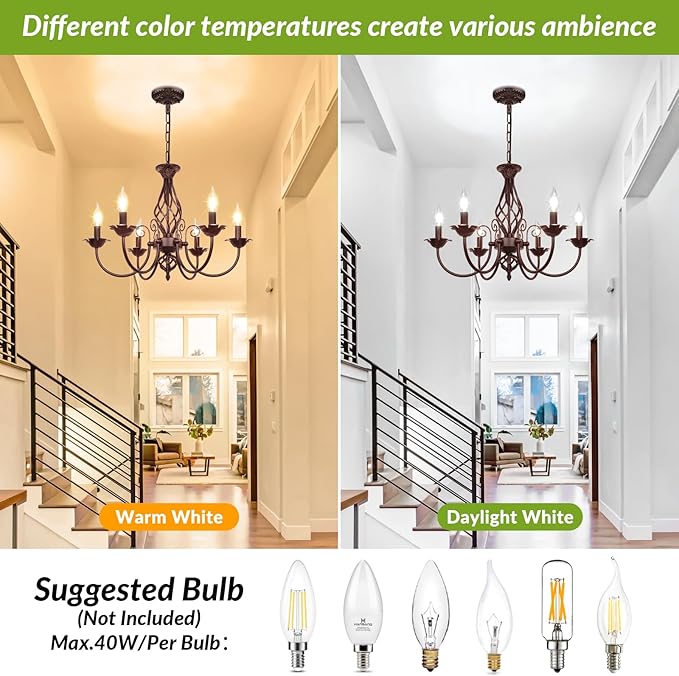 6-Light Farmhouse Candle Chandelier for Living Room, Rustic Industrial Pendant Ceiling Light fixture, Vintage Hanging Lamp for Bedroom Hallway Kitchen Dining Room Foyer, E12 Socket, Oil Rubbed Brown