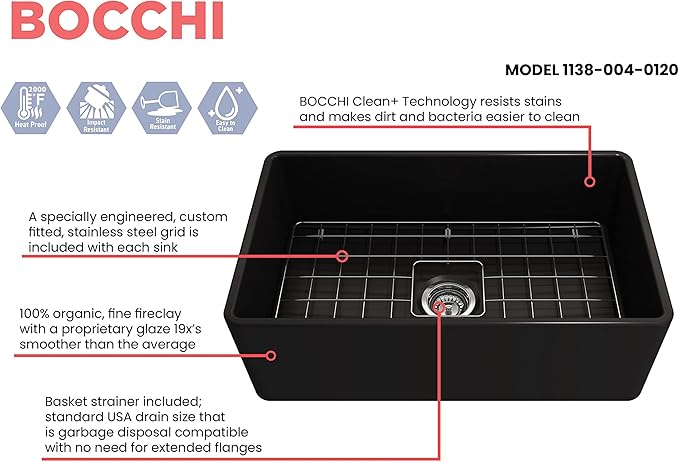 BOCCHI Classico Farmhouse Apron Front Fireclay 30 in. Single Bowl Kitchen Sink with Protective Bottom Grid and Strainer in Matte Black