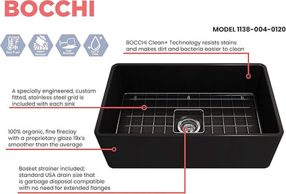 BOCCHI Classico Farmhouse Apron Front Fireclay 30 in. Single Bowl Kitchen Sink with Protective Bottom Grid and Strainer in Matte Black