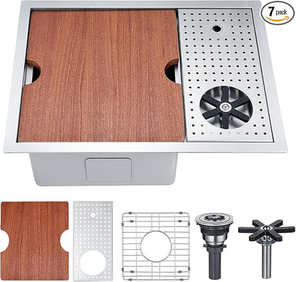 23 Inch Undermount Bar Sink with Glass Rinser & Sapele Cutting Board - 18 Gauge Stainless Steel Workstation Sink for Kitchen, RV, Wet Bar (23x17x9 Inch)