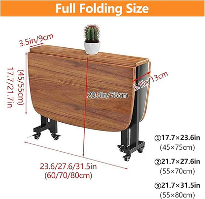 Folding Dining Table, Solid Wooden Foldable Kitchen Table with 6 Wheels, Living Room, Brown Drop Leaf Dining Table for 4-8, Multifunction Expandable Folding Table for Small Spaces Kitchen, Bedroom
