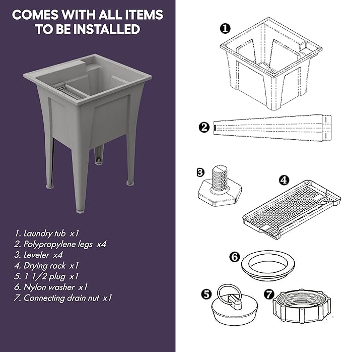 24” Utility Sinks for Laundry Room, Garage, Garden, Basement – Noah William Home Indoor and Outdoor Polypropylene Basement Wash Tub - No Faucet Included (Grey)