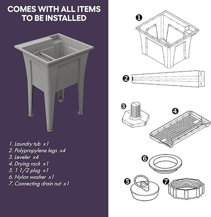 24” Utility Sinks for Laundry Room, Garage, Garden, Basement – Noah William Home Indoor and Outdoor Polypropylene Basement Wash Tub - No Faucet Included (Grey)