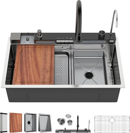 33 Inch Waterfall Kitchen Sink - Beslend 33x19 Drop In Waterfall Sink Stainless Steel Workstation Modern Smart Sinks 16-Gauge Single Bowl with Faucet, Digital Display and Fancy Ambient Light