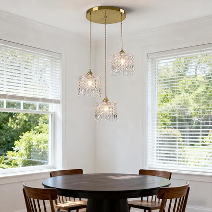 3-Light Brass Vintage Glass Pendant, Crystal Pendant Light, Adjustable Height Lighting for Kitchen Island, Dining Room, Farmhouse, Living Room (Round Chassis)