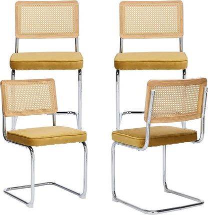 Rattan Back Velvet Dining Chair Set of 4 Modern Breuer Designed Stainless Chrome Base Armless Upholstered Dining Chair for Dining Room, Kitchen Island(Gold)