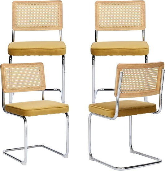 Rattan Back Velvet Dining Chair Set of 4 Modern Breuer Designed Stainless Chrome Base Armless Upholstered Dining Chair for Dining Room, Kitchen Island(Gold)