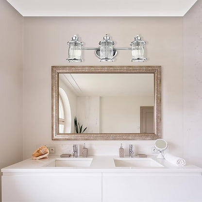 Globe Electric 51272 Bayfield 3-Light Vanity Light, Chrome, Ribbed Seeded Glass Shades, Bulb Not Included