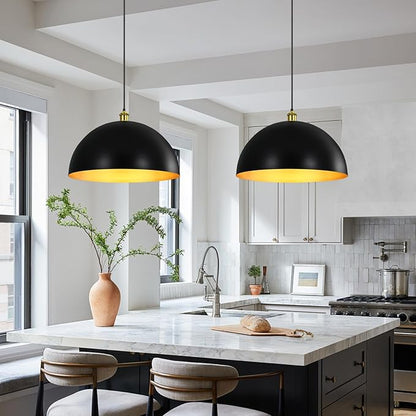 Black-Farmhouse Pendant-Light Hanging-Lamp Fixtures - 20 inch Kitchen Island Pendant Lights Industrial Dome Ceiling Lighting Dining Room Large Vintage Light for Indoor Black and Gold