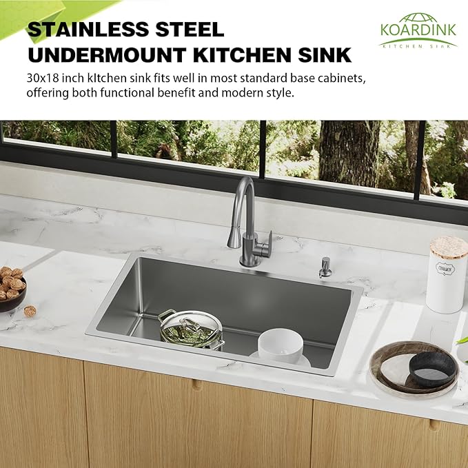 Kitchen Sink, 30x18 Inch Stainless Steel Undermount Modern Single Bowl Drop In Kitchen Sink Combo-Silicon Mat,Drain Strainer Set Offering Large Basin And Compatibility With Various Kitchen&Bar Style