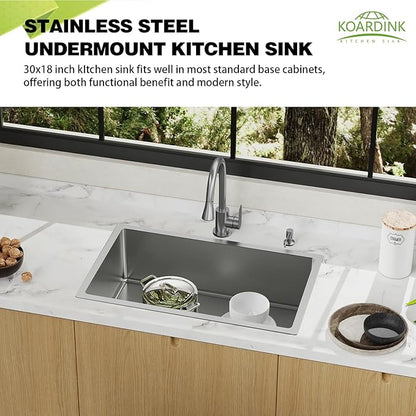 Kitchen Sink, 30x18 Inch Stainless Steel Undermount Modern Single Bowl Drop In Kitchen Sink Combo-Silicon Mat,Drain Strainer Set Offering Large Basin And Compatibility With Various Kitchen&Bar Style