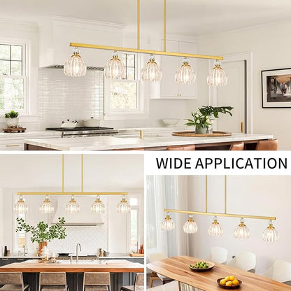 Gold Island Light for Kitchen, 5-Light Linear Chandelier for Kitchen Island with Tulip Glass Shades, Brushed Gold Finish Hanging Light Pendant Fixture Over Dining Table