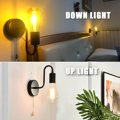Vintage Pull Chain Wall Light Fixtures Set of 2 Hardwired Wall Sconces with ON Off Switch Retro Black Metal E26 Indoor Wall Lamps Small for Bedrooms Living Room Kitchen