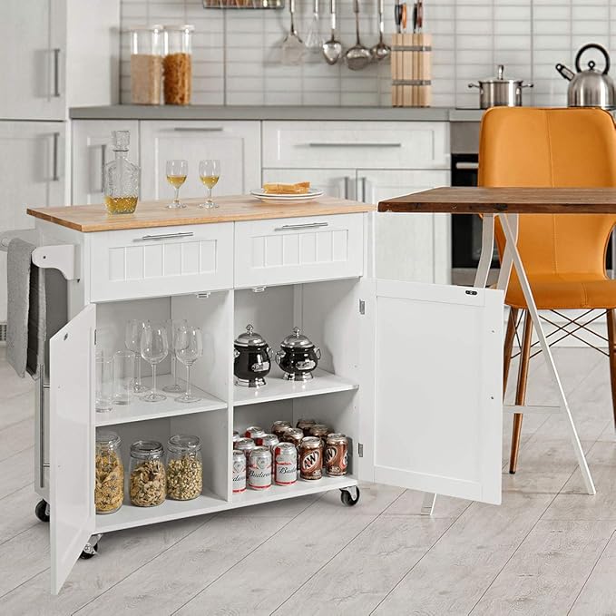 Giantex Kitchen Island Cart, Rolling Island Table with Rubber Wood Tabletop, 2 Drawers, Storage Cabinet & Towel Rack, Bar Kitchen Cart On Wheels for Dining Room (White)