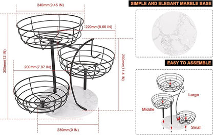 Livabber Fruit Basket Bowl with Banana Hanger, Metal Fruit Vegetable Storage Basket with Banana Holder for Kitchen Counter, Detachable Organizer for Bread Snack Produce (Black, 3-Tier Marble Base)