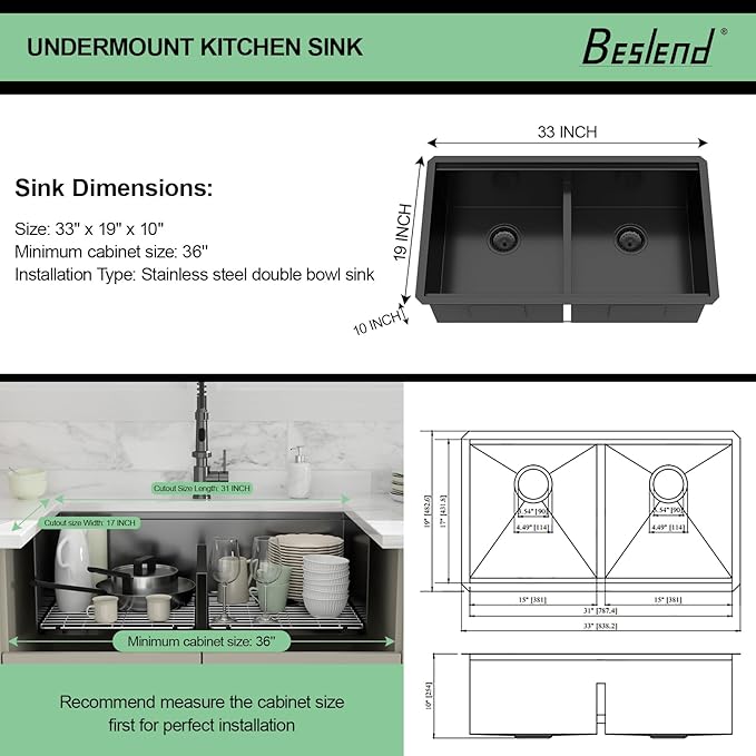 33 Black Undermount Kitchen Sink - 33x19 Gunmetal Black Double Bowl Kitchen Sinks Workstation 16 Gauge Stainless Steel Sink Low Divide Double Basin 50/50