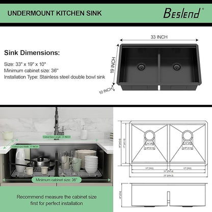 33 Black Undermount Kitchen Sink - 33x19 Gunmetal Black Double Bowl Kitchen Sinks Workstation 16 Gauge Stainless Steel Sink Low Divide Double Basin 50/50