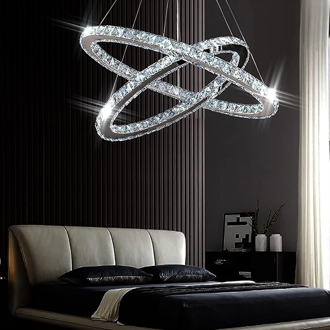 Finktonglan 23.6" Oval Crystal LED Chandelier, Modern 2 Ring Hanging Light Fixture, Cool White 6500K, Non-Dimmable, Built-in LED Pendant Light for Dining Room Bedroom