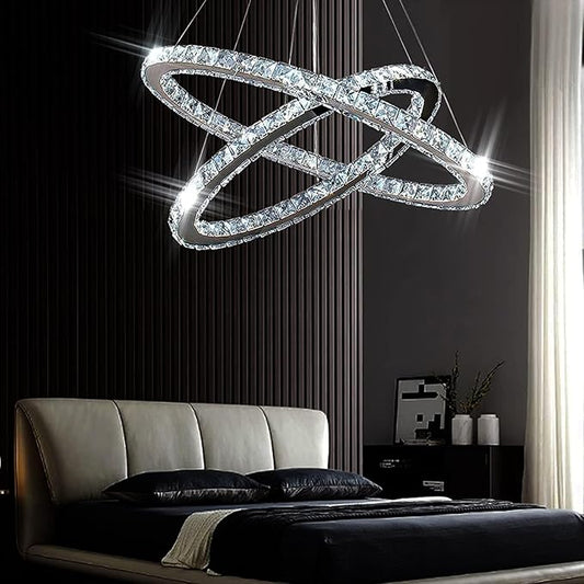 Finktonglan 23.6" Oval Crystal LED Chandelier, Modern 2 Ring Hanging Light Fixture, Cool White 6500K, Non-Dimmable, Built-in LED Pendant Light for Dining Room Bedroom