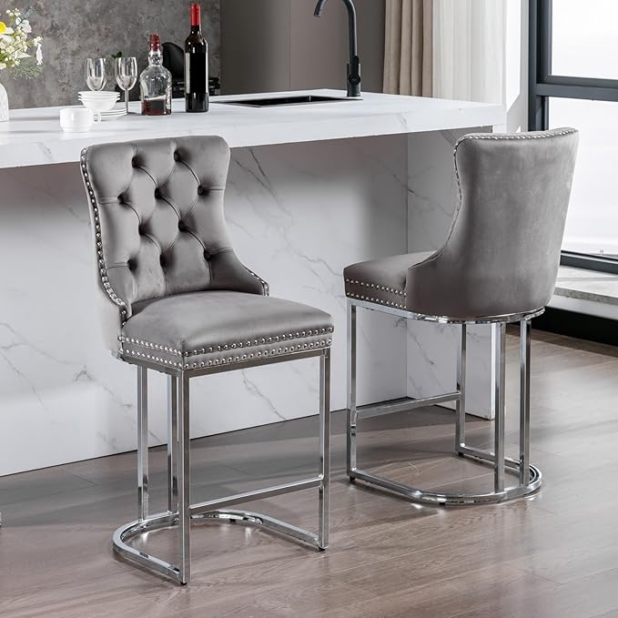 26" Counter Height Bar Stools Set of 2, Modern Velvet Barstools with Button Back&Rivet Trim Upholstered Kitchen Island Chairs with Sturdy Chromed Metal Base Legs,for Living Room