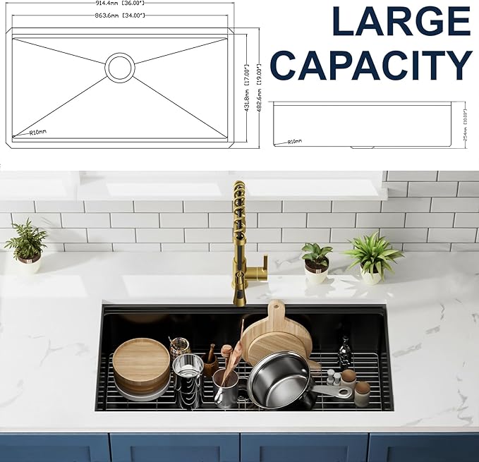 CELAENO 36 inch Black Stainless Steel Undermount Kitchen Sink, 36x19 Handmade 16 Gauge Single Bowl Workstation Sink, 10 Inch Deep Modern Kitchen Basin is equipped with various accessories