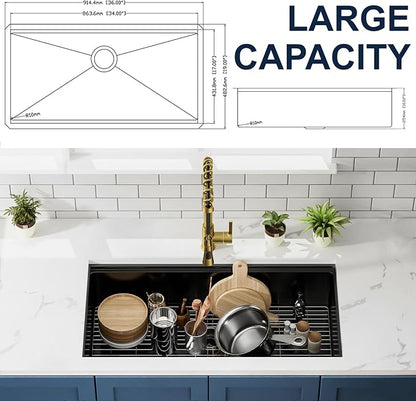 CELAENO 36 inch Black Stainless Steel Undermount Kitchen Sink, 36x19 Handmade 16 Gauge Single Bowl Workstation Sink, 10 Inch Deep Modern Kitchen Basin is equipped with various accessories