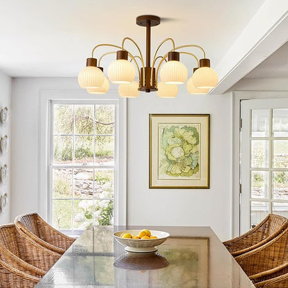KCO Lighting Rustic Wood Sputnik Ceiling Light Fixture Ribbed Milk Glass Pendant Lights Kitchen Island 8 Lights Vintage Farmhouse Chandelier Lighting Modern White Gold Globe Chandelier