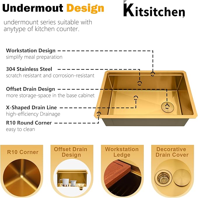Kitsitchen Gold Undermount Kitchen Sink,16 Gauge SUS304 Stainless Steel Workstation Sink with Accessories, 28 Inch Single Bowl Kitchen Sinks with Round Corner & Offset Drain Design(28" X 18"X 10")