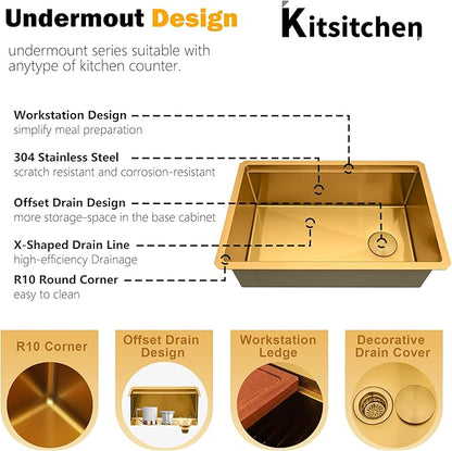 Kitsitchen Gold Undermount Kitchen Sink,16 Gauge SUS304 Stainless Steel Workstation Sink with Accessories, 28 Inch Single Bowl Kitchen Sinks with Round Corner & Offset Drain Design(28" X 18"X 10")
