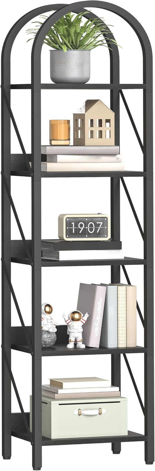 HOOBRO Bookshelf, 5-Tier Bookshelf Arched Display Racks, Industrial Bookcase with Metal Frame, Book Shelf Storage Organizer for Living Room, Office, Bedroom, Black BB425SJ01