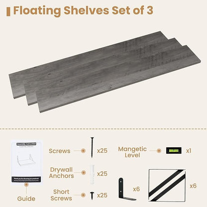 Heimlove Floating Book Shelves for Wall,47.2 Inches Long Wall Mounted Bookshelves,Heavy Duty Bracket Shelves for Living Room Kitchen,Laundry Room Storage & Decor,Set of 3,Silver Grey