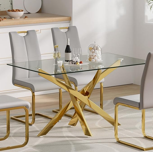 Glass Dining Table,51'' Rectangular Dining Kitchen Table,Modern X-Design Dining Room Table with Gold Stainless Steel Base for Dining Room