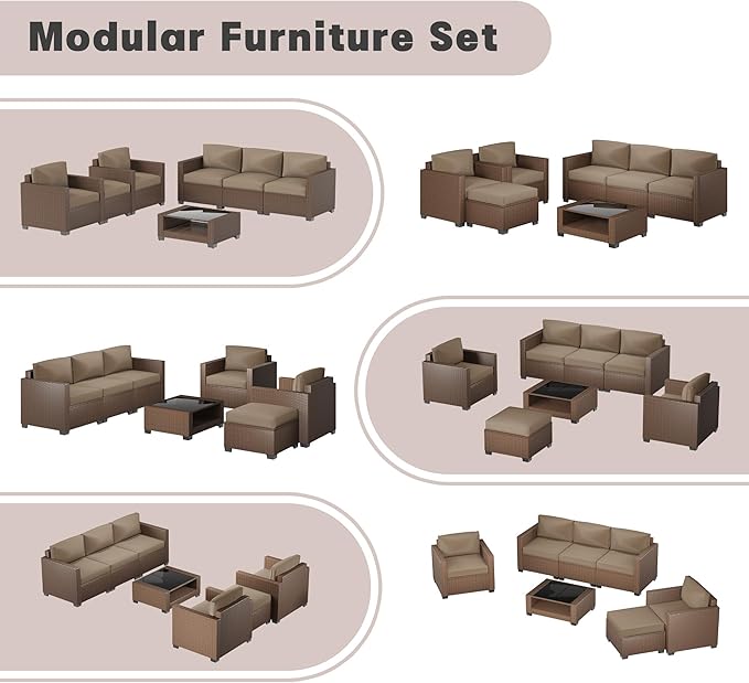 Patio Furniture Set, 7-Piece Outdoor Sectional Couch with Coffee Table & Thick Cushions, Outdoor Wicker Conversation Set for Backyard, Poolside, Garden (Brown-Camel, 7 Piece-Double)