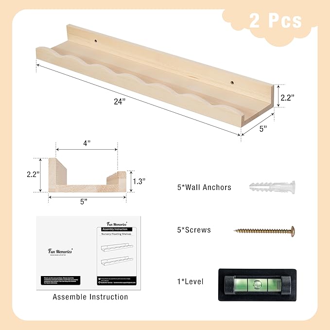Fun Memories Picture Ledge Shelf for Wall, 24 inch Pine Wood Nursery Book Shelves Set of 2- Wall Book Shelves for Kids Room, Home Decor - Kitchen Spice-Natural.