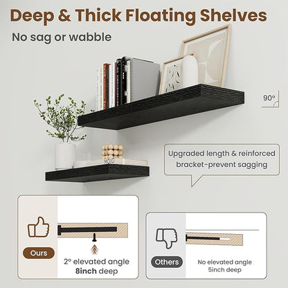 72 Inch Floating Shelves for Wall, 8 Inch Deep Floating Shelf for Storage & Display, Rustic Wall Mounted Shelf with Invisible Brackets for Living Room, Kitchen, Bathroom, Home Decor, Set of 2, Black