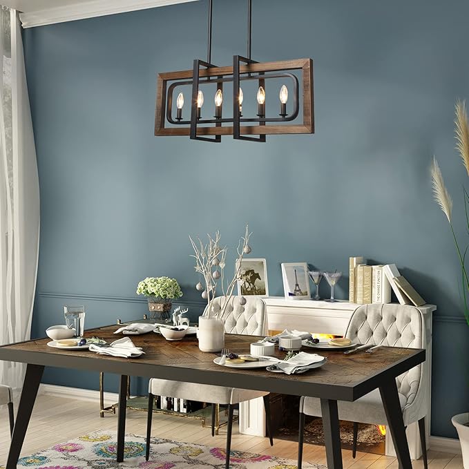 LOG BARN Farmhouse Chandelier, Pendant Lighting for Kitchen Island in Distressed Wood and Black Metal Finish, Ceiling Hanging Fixture for Dining Room