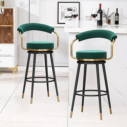 Swivel stools 1PC, Velvet Upholstered Stools with Hollow Back, Metal Chair Legs & Footrest for Kitchen Island Dining Room Pub Home, Seat Height 65cm, Black (Green Seat Height 75cm