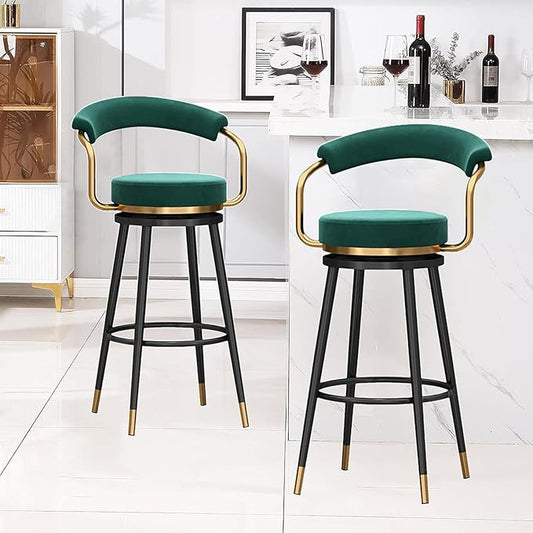 Swivel stools 1PC, Velvet Upholstered Stools with Hollow Back, Metal Chair Legs & Footrest for Kitchen Island Dining Room Pub Home, Seat Height 65cm, Black (Green Seat Height 75cm
