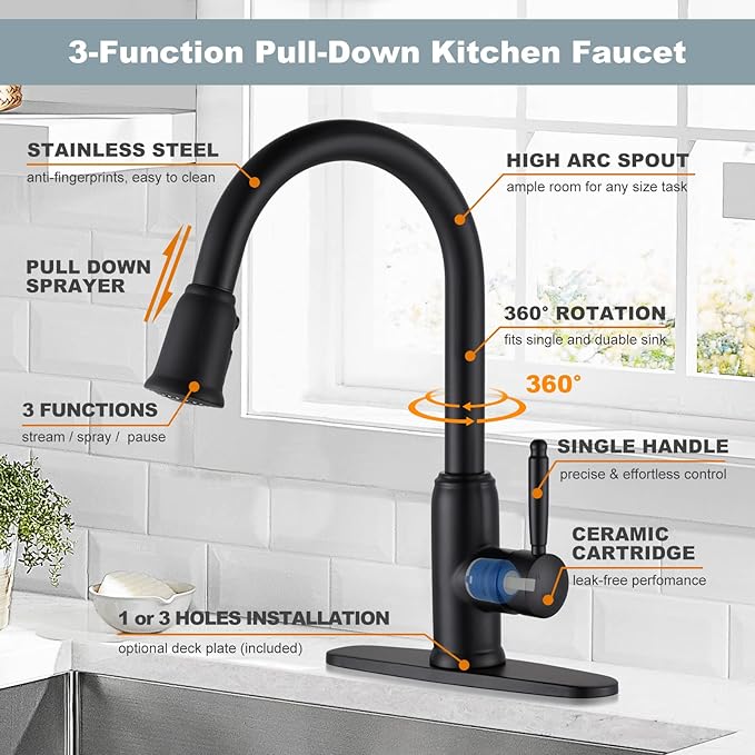 WOWOW Black Kitchen Faucet with Sprayer: 304 Stainless Steel Kitchen Sink Faucet for 1 or 3 Hole, High Arc Single Handle Mixer Taps with Deck Plate, Vintage Style