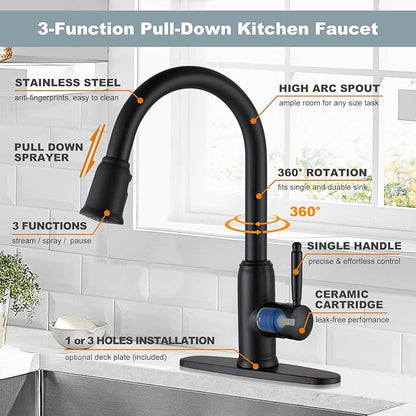 WOWOW Black Kitchen Faucet with Sprayer: 304 Stainless Steel Kitchen Sink Faucet for 1 or 3 Hole, High Arc Single Handle Mixer Taps with Deck Plate, Vintage Style