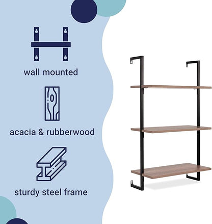 happimess MSH1000C Madera 40.55" Classic Industrial 3-Shelf Wood Wall-Mounted Open Ladder Bookcase with Metal Frame, Brown/Black