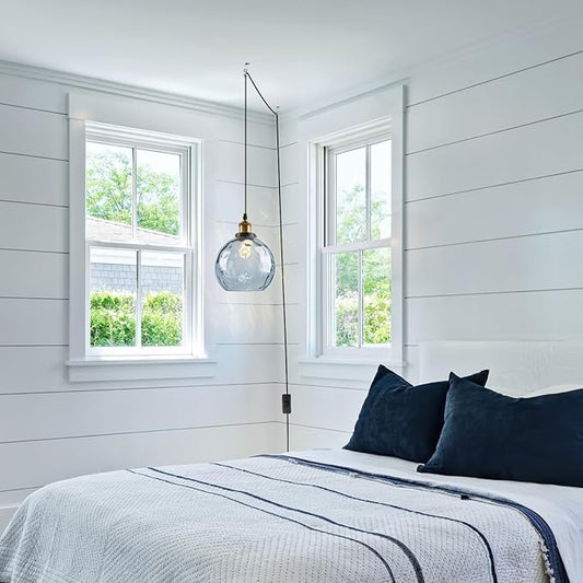 Blue Hanging Lamp Plug in 2 Pack, Hammered Glass Hanging Lights with 14.75Ft Plug in Cord, Globe Pendant Light Plug in Chandelier Ceiling Fixture for Dining Room Kitchen Bedroom