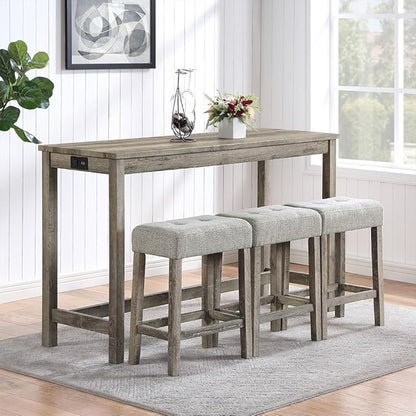 4 Piece Dining Table Set with 3 Stools, Small Kitchen Table Set Kitchen Island Table with Power Outlet, Space Saving Bar Industrial Bar Table and Chairs Set,for Living Dining Game Room,Brown
